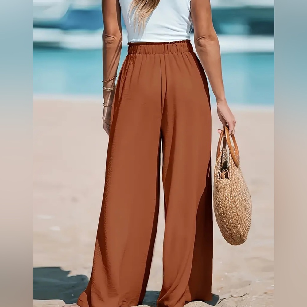 Long Length Elegant Wide Leg Pants - Soft Polyester, Fake Drawstring, - Picture 7 of 7